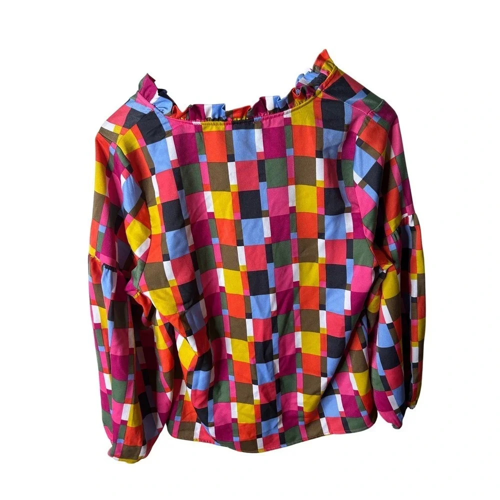 Michelle McDowell Ruffle Neck Blouse Women S‎ Multicolor NEW Patchwork Geometric